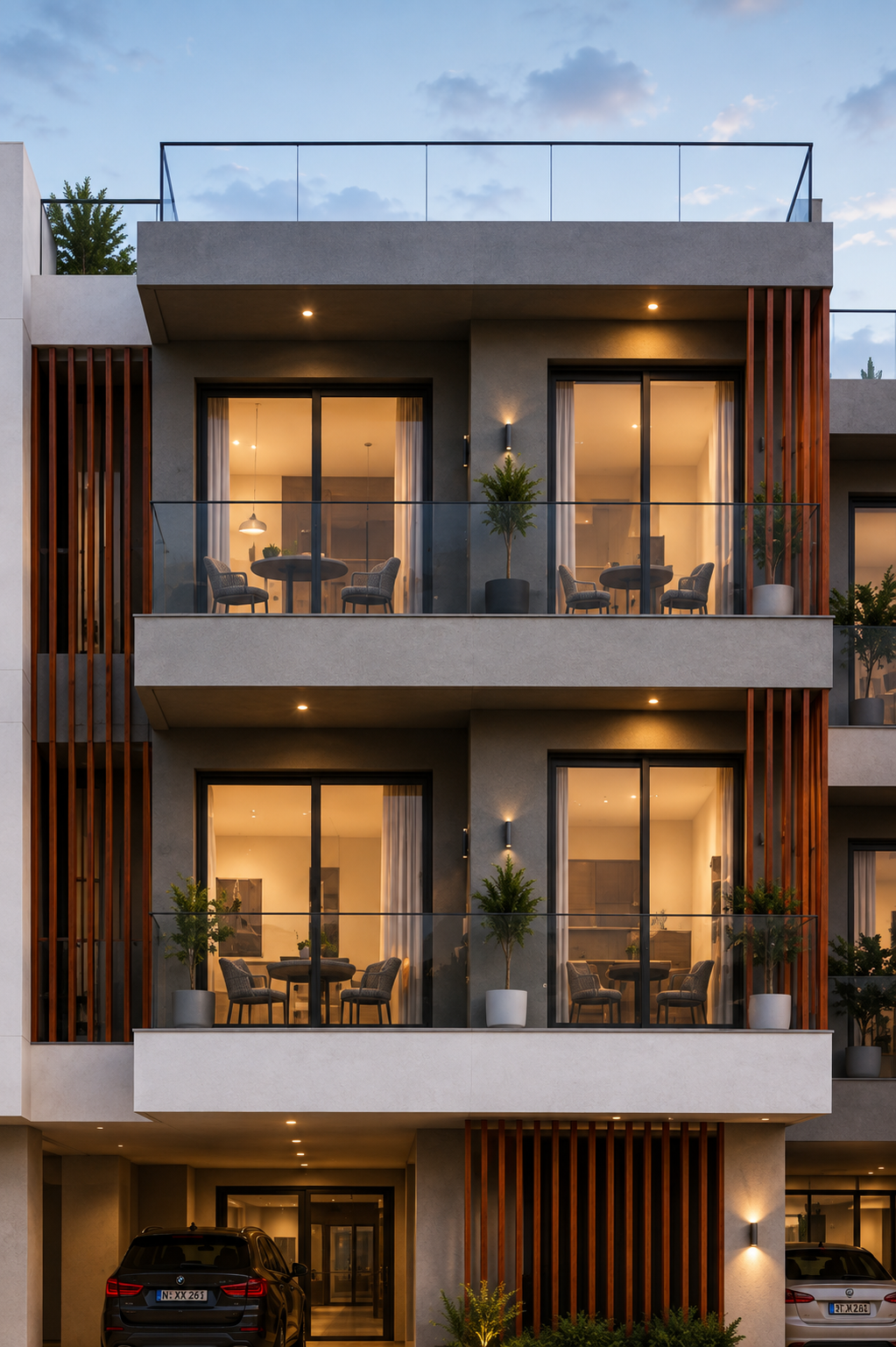 Damair residence facade at dusk