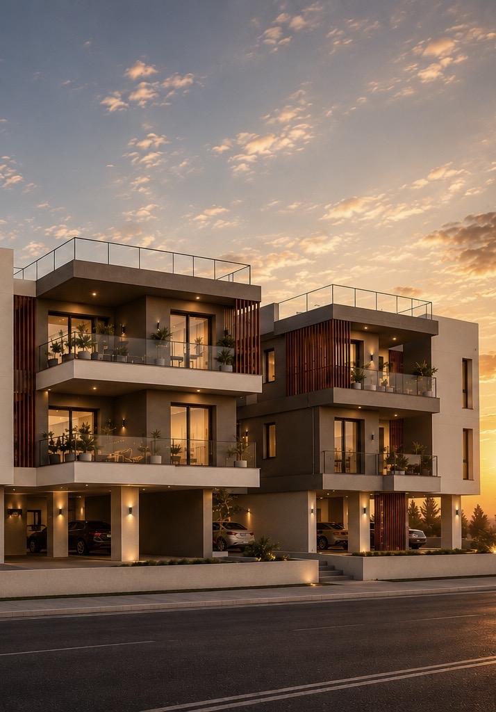 Damair apartment building at dusk in Oroklini